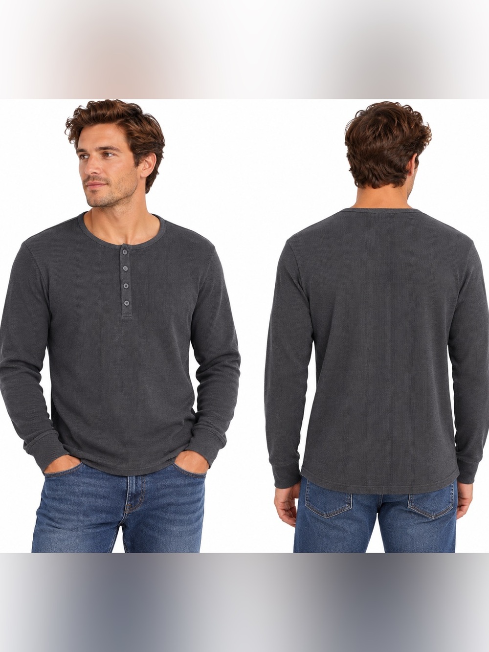 Tommy John Men’s Medium Charcoal Ribbed Henley Long Sleeve Shirt